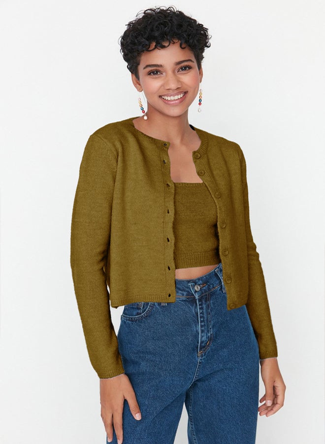 trendyol Khaki Crop Soft Texture Blouse-Cardigan Knitwear Set - Image 1