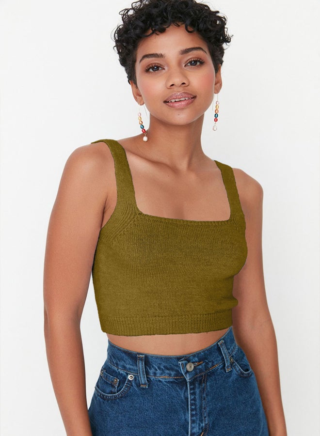 trendyol Khaki Crop Soft Texture Blouse-Cardigan Knitwear Set - Image 2