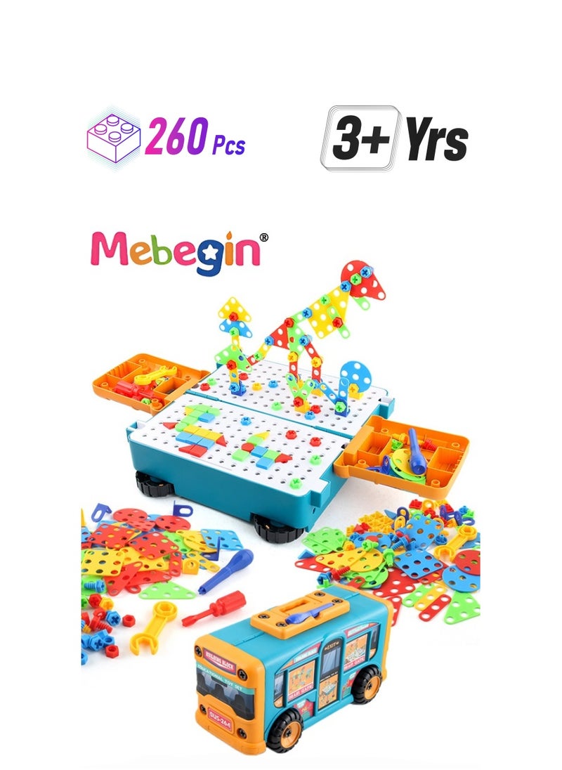 MEBEGIN 260 PCS Multifunctional Building Blocks 2 in 1 Assembly Deformation Bus with Toy Drill Driver Tool Set DIY Assembled Storage Bus Twist Screw Toy  - Image 1