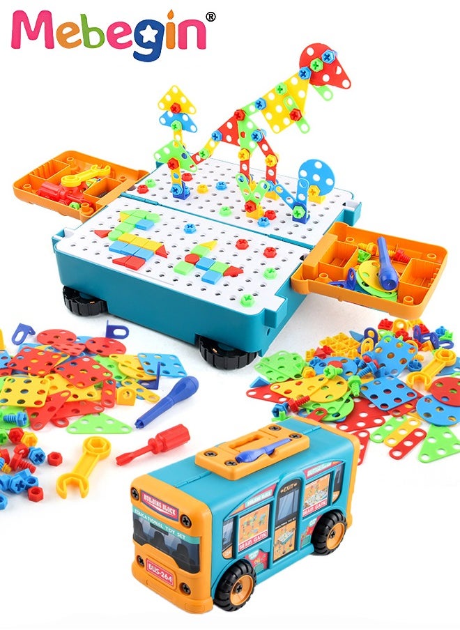 MEBEGIN - 260 PCS Multifunctional Building Blocks 2 in 1 Assembly Deformation Bus with Toy Drill Driver Tool Set DIY Assembled Storage Bus Twist Screw Toy - Image 1