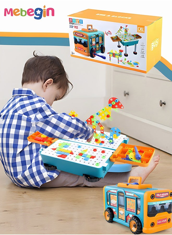 MEBEGIN - 260 PCS Multifunctional Building Blocks 2 in 1 Assembly Deformation Bus with Toy Drill Driver Tool Set DIY Assembled Storage Bus Twist Screw Toy - Image 1