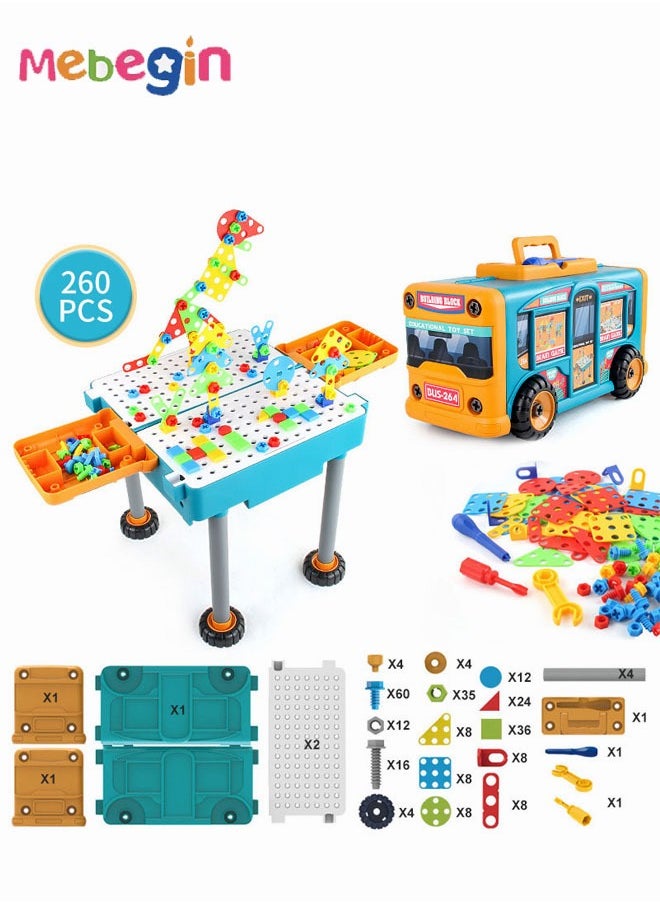 MEBEGIN - 260 PCS Multifunctional Building Blocks 2 in 1 Assembly Deformation Bus with Toy Drill Driver Tool Set DIY Assembled Storage Bus Twist Screw Toy - Image 1