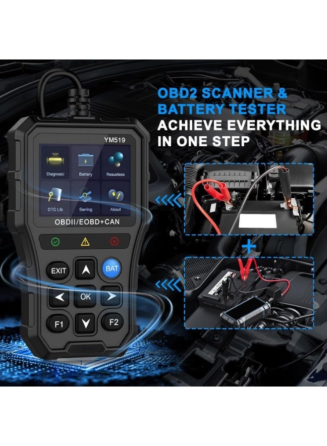 جهاز فحص كمبيوتر السيارات YM519 (OBD2) مع فاحص بطارية مدمج - قارئ ومسح أعطال المحرك ومراقبة الجهد الكهربائي - شاشة ملونة 2.8 بوصة - Image 5