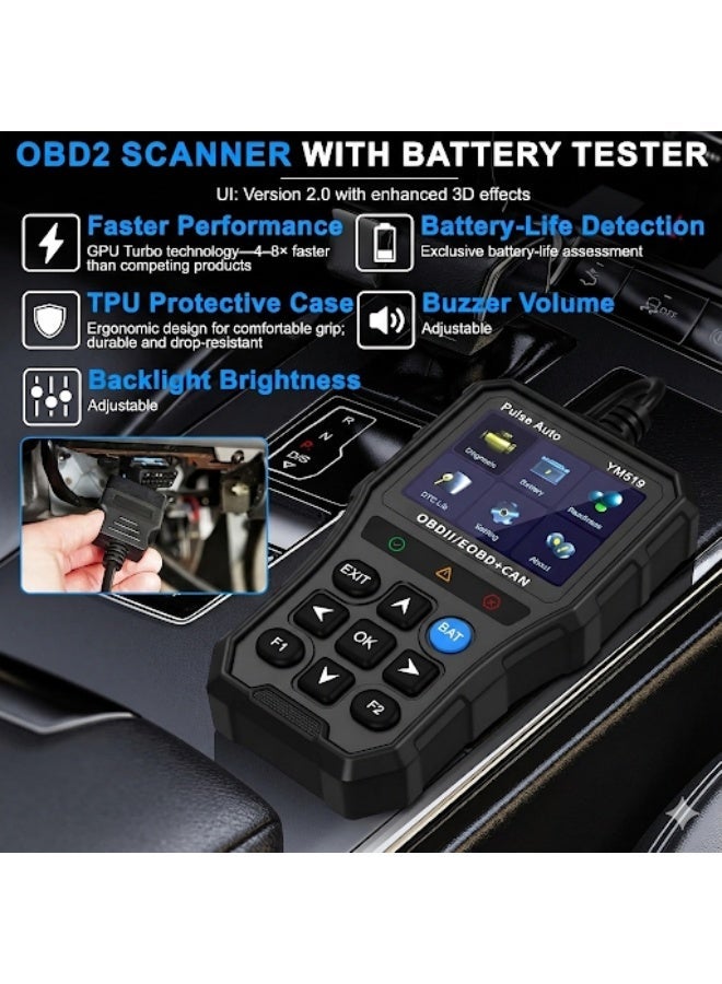 جهاز فحص كمبيوتر السيارات YM519 (OBD2) مع فاحص بطارية مدمج - قارئ ومسح أعطال المحرك ومراقبة الجهد الكهربائي - شاشة ملونة 2.8 بوصة - Image 2