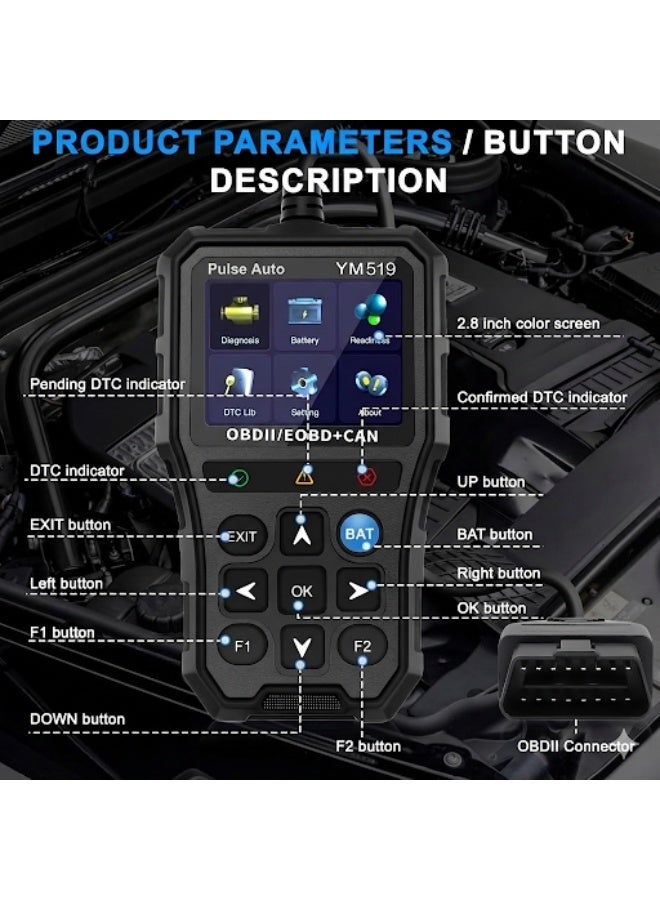 جهاز فحص كمبيوتر السيارات YM519 (OBD2) مع فاحص بطارية مدمج - قارئ ومسح أعطال المحرك ومراقبة الجهد الكهربائي - شاشة ملونة 2.8 بوصة - Image 4