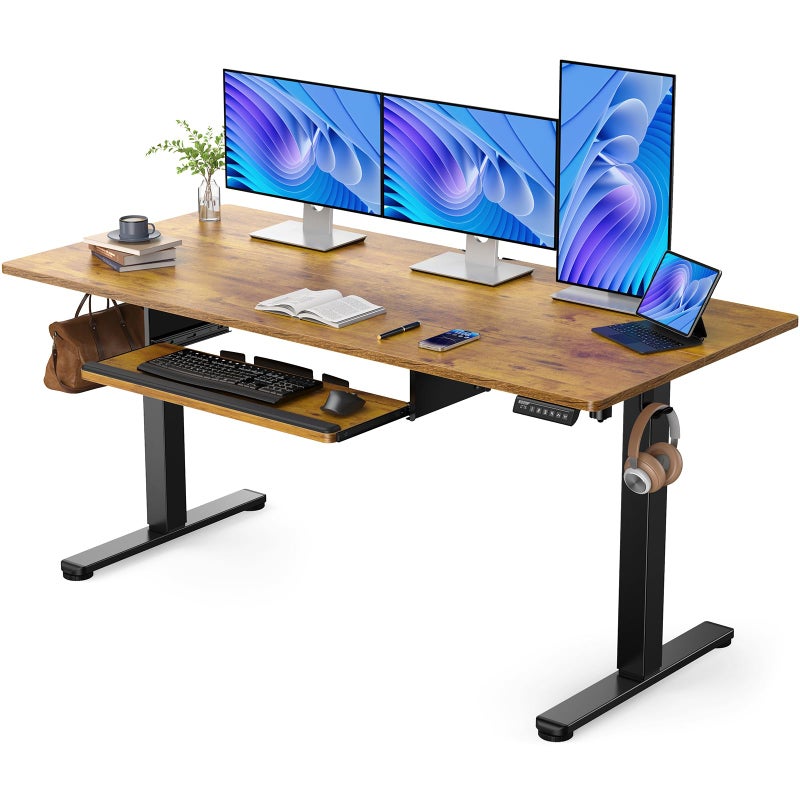ErGear Large Electric Standing Desk with Keyboard Tray 63x28 Inches Large Adjustable Height Sit Stand Up Desk Home Office Desk Computer Workstation Vintage Brown