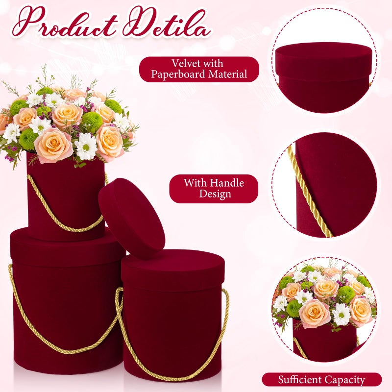 Uiifan 6 Pcs Velvet Round Flower Box With Lids Velvet Nesting Gifts Box With Handle For Wedding Mother'S Day Graduation Luxury Flower Gift Arrangement Bridesmaid Birthday Party Favor(Red) - Image 2