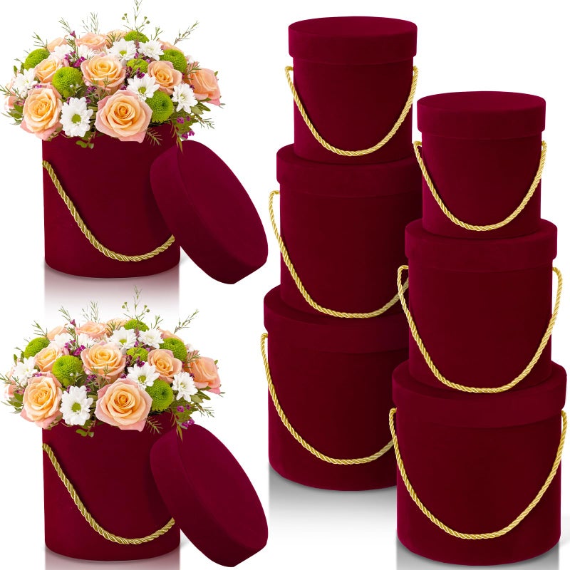 Uiifan 6 Pcs Velvet Round Flower Box With Lids Velvet Nesting Gifts Box With Handle For Wedding Mother'S Day Graduation Luxury Flower Gift Arrangement Bridesmaid Birthday Party Favor(Red) - Image 1