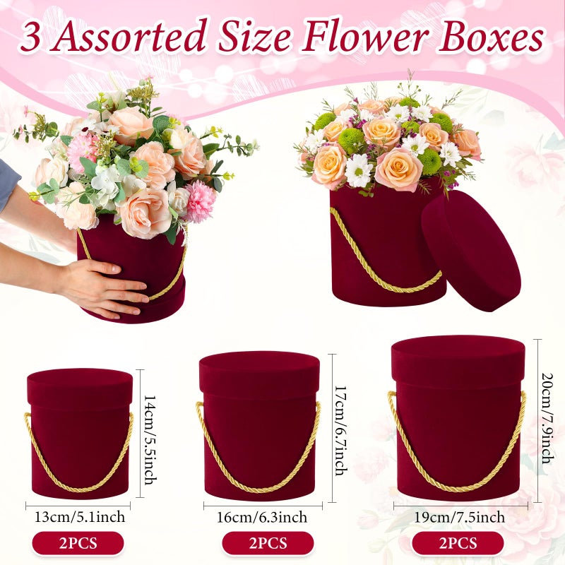 Uiifan 6 Pcs Velvet Round Flower Box With Lids Velvet Nesting Gifts Box With Handle For Wedding Mother'S Day Graduation Luxury Flower Gift Arrangement Bridesmaid Birthday Party Favor(Red) - Image 3