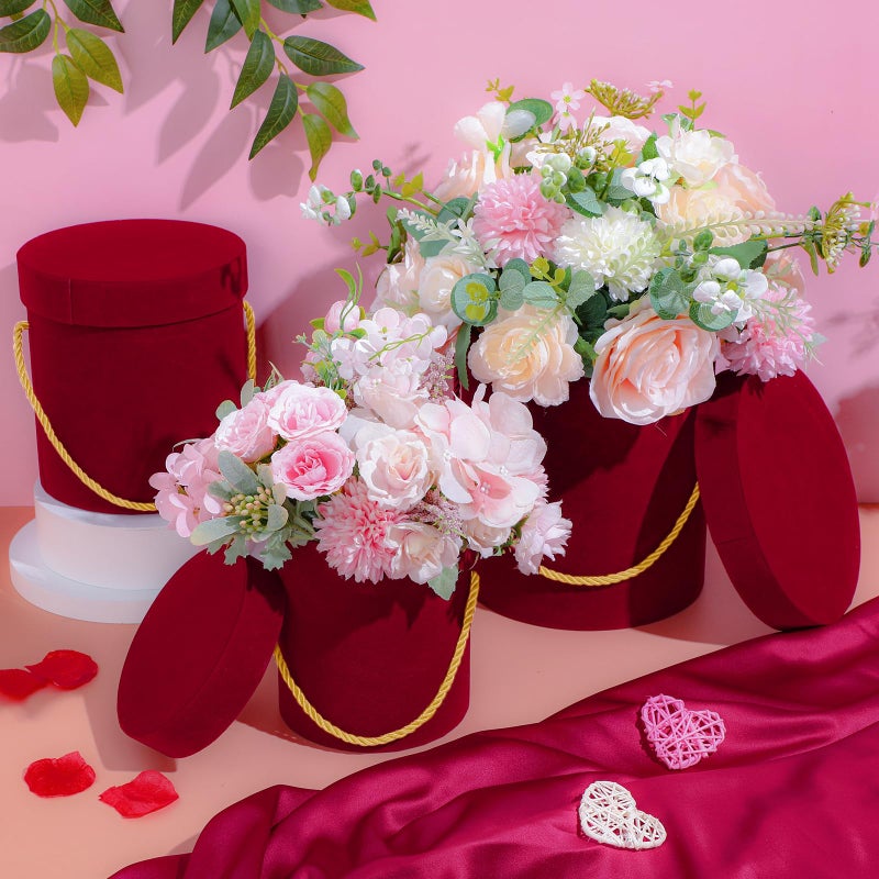 Uiifan 6 Pcs Velvet Round Flower Box With Lids Velvet Nesting Gifts Box With Handle For Wedding Mother'S Day Graduation Luxury Flower Gift Arrangement Bridesmaid Birthday Party Favor(Red) - Image 4