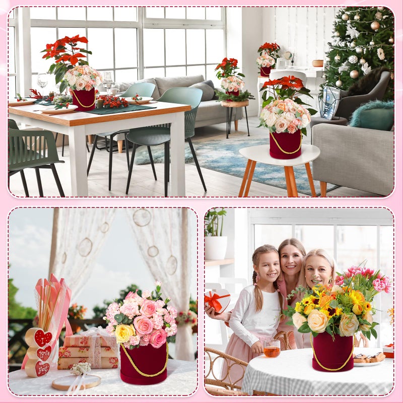Uiifan 6 Pcs Velvet Round Flower Box With Lids Velvet Nesting Gifts Box With Handle For Wedding Mother'S Day Graduation Luxury Flower Gift Arrangement Bridesmaid Birthday Party Favor(Red) - Image 5