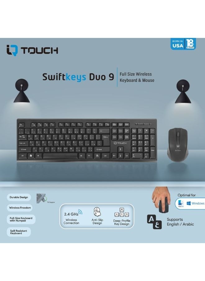 IQ TOUCH - IQ TOUCH Full-Size Wireless Keyboard & Mouse, English & Arabic Layout, Numpad, Anti-Slip, Spill-Resistant, Durable, 2.4GHz Wireless, Plug & Play, Ergonomic Mouse, Precise Tracking & Scrolling, Black - Image 1