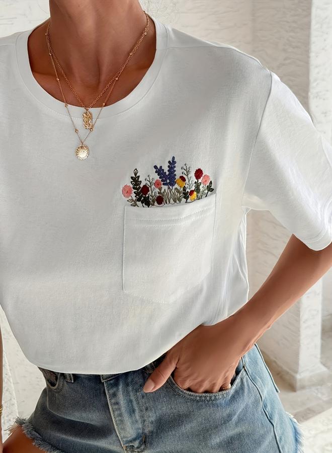 Take Two Plus Size Floral Embroidery Pocket T-Shirt - Image 1