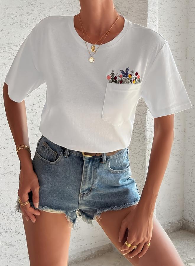 Take Two Plus Size Floral Embroidery Pocket T-Shirt - Image 3