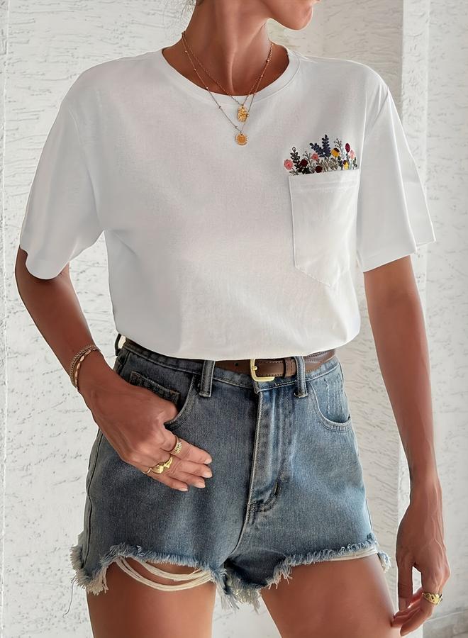 Take Two Plus Size Floral Embroidery Pocket T-Shirt - Image 5