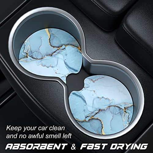 Aiawoxc Car Cup Holder Coasters, 2 Pack Universal Auto Anti Slip Insert Coaster with A Finger Notch, Cute Car Assecories for Women Men, Cup Mat for Most Interior, Ink Blue Marble - Image 2