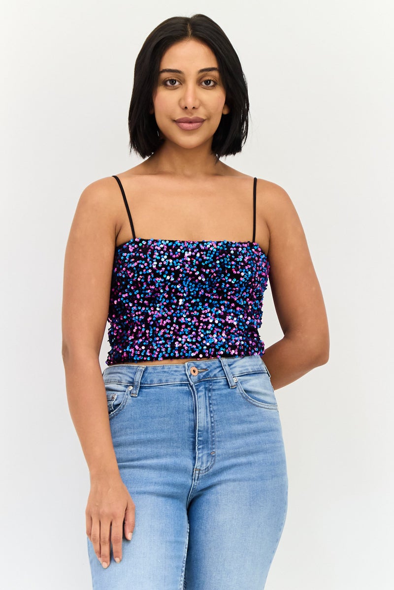 Sinsay Women Square Neck Sleeveless Sequin Tank Top, Multicolor - Image 1