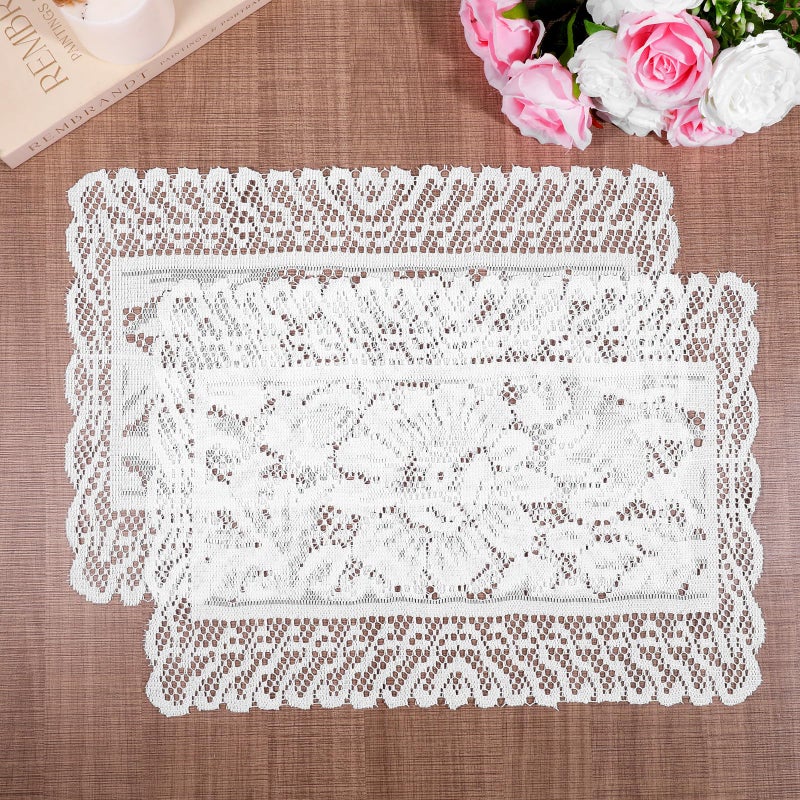 Zyghjort 2 PCS White Lace Placemats, Rectangle Lace Placemats for Tables Vintage Laces Tablemats Embroidered Crochet Placemat Cloth Laces Floral Table Runner for Home Cabinets Dining Tables, 12x17 Inch - Image 1