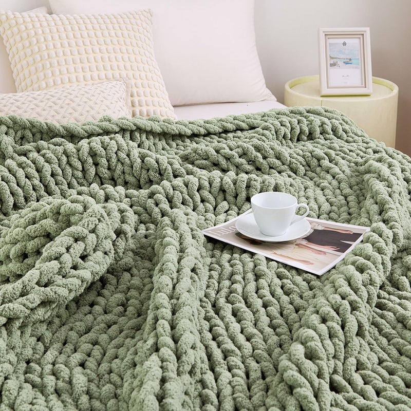 Admitrack Chunky Knit Blanket Throw, 100% Hand Knit Chenille Throw Blanket for Sofa & Home Decor, Soft and Cozy Knitted Throw Blankets (Sage Greenï¼Œ51"x63") - Image 1