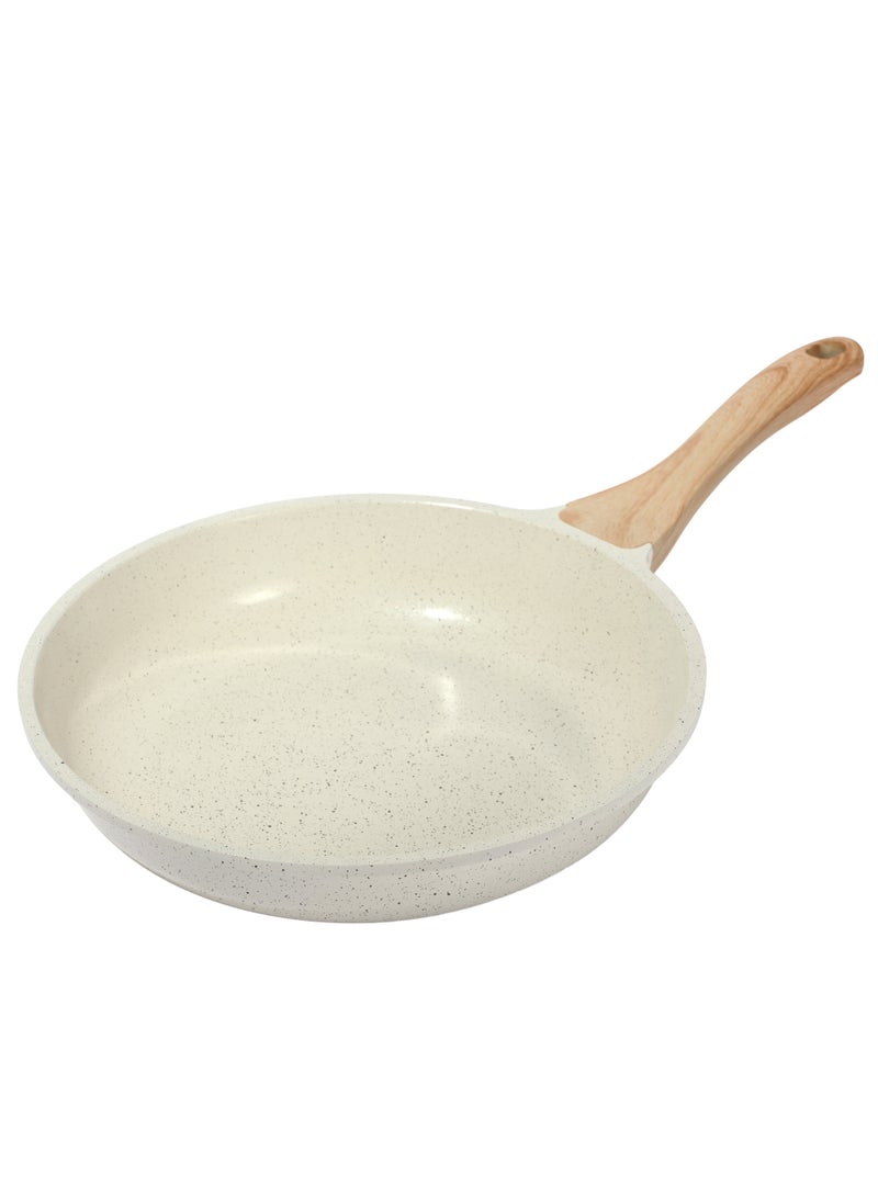 ESLITE LIFE مقلاة طاوة 28 سم من الألمنيوم و طلاء سيراميك غير لاصق مقاومة للخدش, مقبض بتصميم خشبي، لون أبيض - Image 1