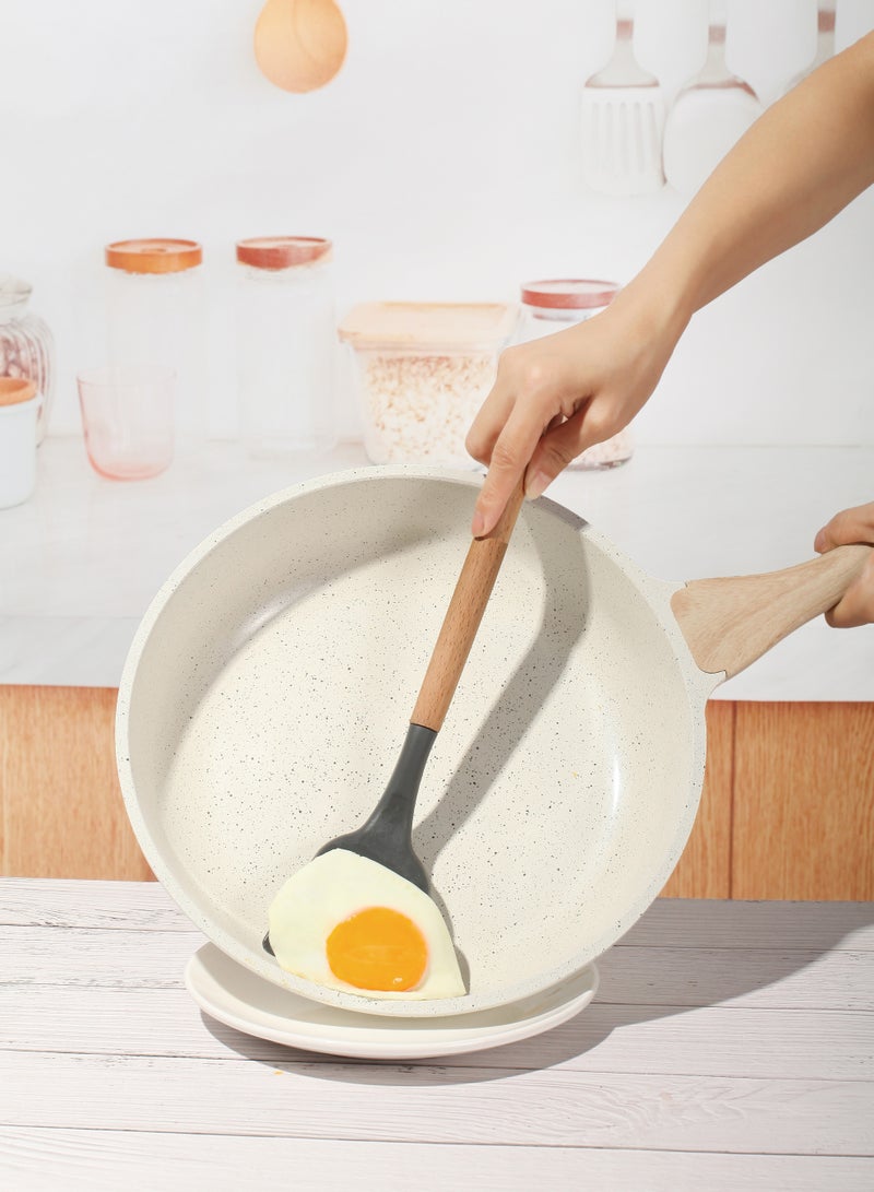 ESLITE LIFE مقلاة طاوة 28 سم من الألمنيوم و طلاء سيراميك غير لاصق مقاومة للخدش, مقبض بتصميم خشبي، لون أبيض - Image 2