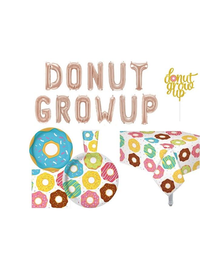 Oojami Serves 30 Complete Party Pack Donut Party 9" Dinner Paper Plates 7" Dessert Paper Plates 9 Oz Cups 3 Ply Napkins Cake Topper Table Cover Donut Grow Up Balloon Donut Theme Party - Image 1
