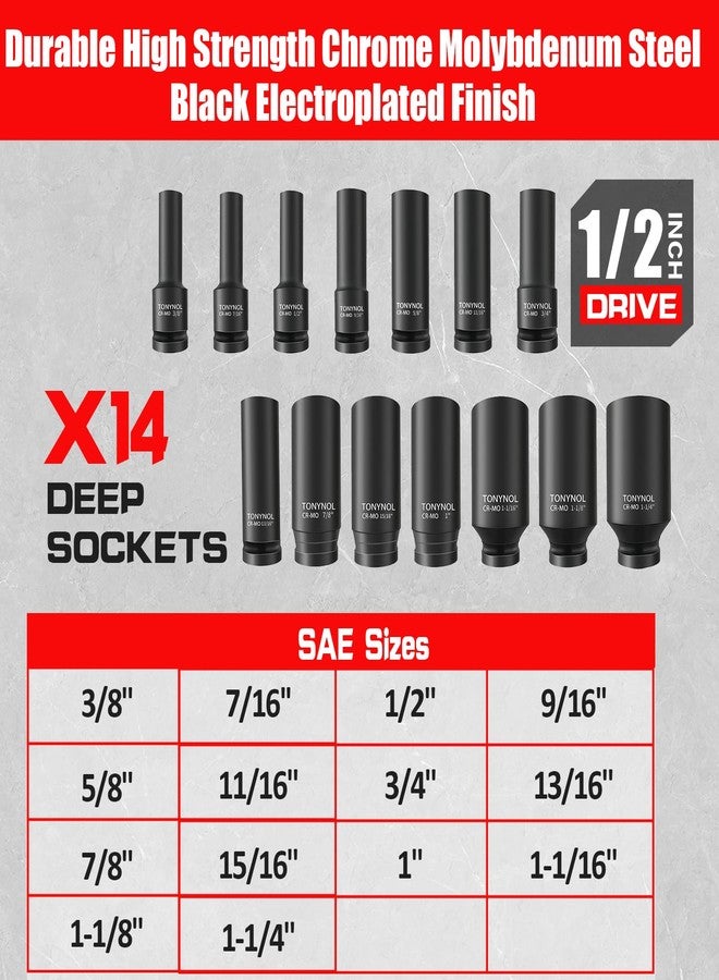 TONYNOL 1/2 Inch Deep Drive Impact Socket Set,12-Point,SAE(3/8" to 1-1/4"),14 Pcs,Cr-Mo Steel,With a Storage Case - Image 3