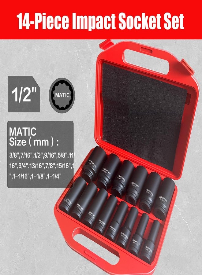 TONYNOL 1/2 Inch Deep Drive Impact Socket Set,12-Point,SAE(3/8" to 1-1/4"),14 Pcs,Cr-Mo Steel,With a Storage Case - Image 2