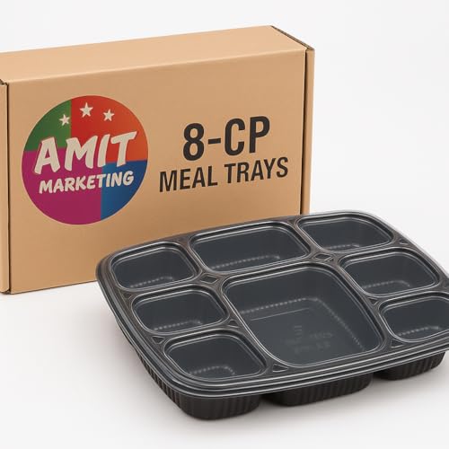 Amit Marketing 8 Compartment Meal Prep Containers with Lids | Disposable Food Storage Tray | Black Unbreakable Leak-Proof Microwave Safe Box for Restaurants, Takeaway,Parties & Catering - Set of 25pc - Image 1