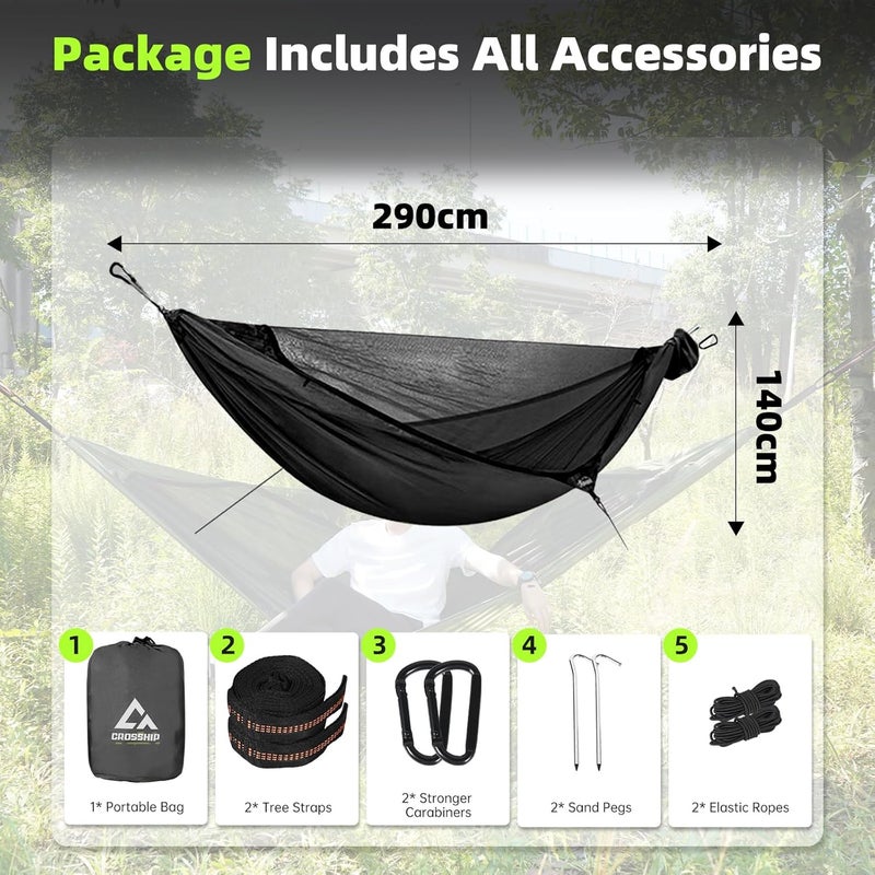 CROSSHIP Camping Hammock with Mosquito Net, 2 Person Hammock Tent, Portable, Parachute Nylon for Indoor, Outdoor, Hiking, Backpacking, Backyard, Beach, Travel (Hold Up to 500lbs) (Black) - Image 4