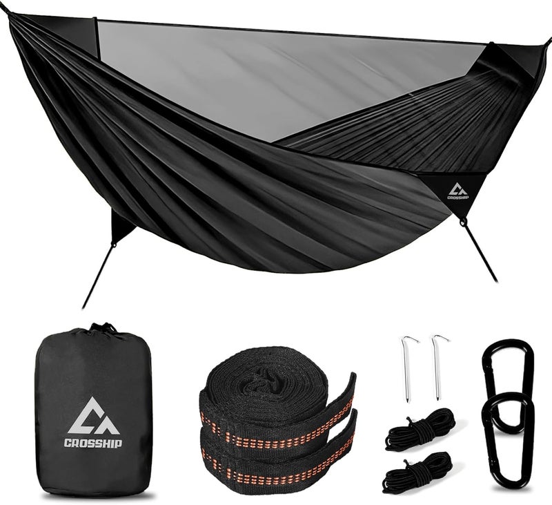 CROSSHIP Camping Hammock with Mosquito Net, 2 Person Hammock Tent, Portable, Parachute Nylon for Indoor, Outdoor, Hiking, Backpacking, Backyard, Beach, Travel (Hold Up to 500lbs) (Black) - Image 1