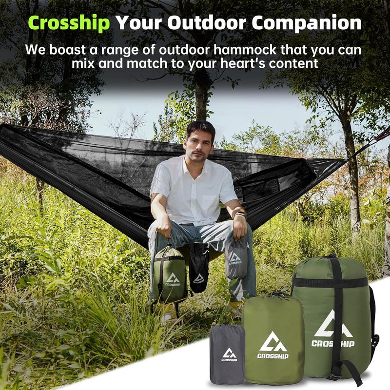 CROSSHIP Camping Hammock with Mosquito Net, 2 Person Hammock Tent, Portable, Parachute Nylon for Indoor, Outdoor, Hiking, Backpacking, Backyard, Beach, Travel (Hold Up to 500lbs) (Black) - Image 3