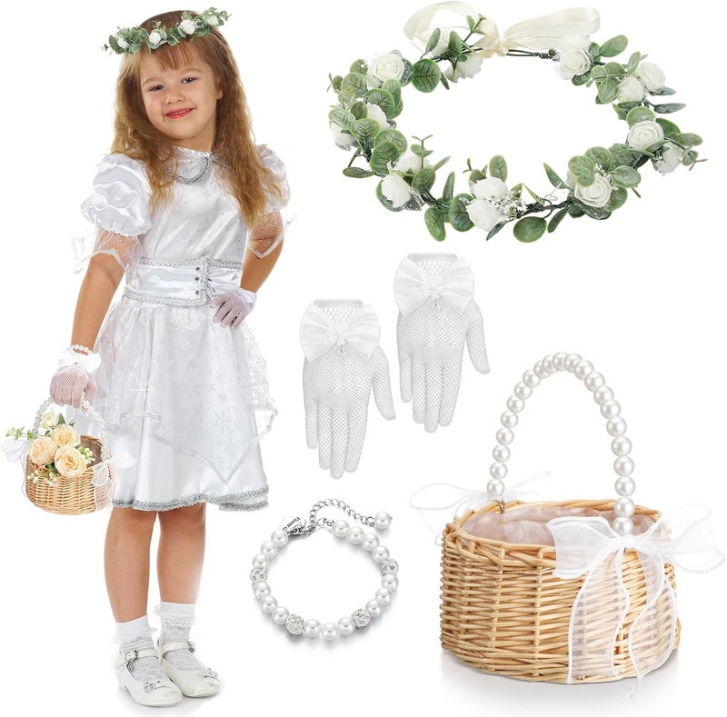 Riceshoot Store 4 Pack Flower Girl Baskets Set Flower Girl Jewelry Wedding Accessories Headband Bracelet Baskets Gloves (Rustic) - Image 1