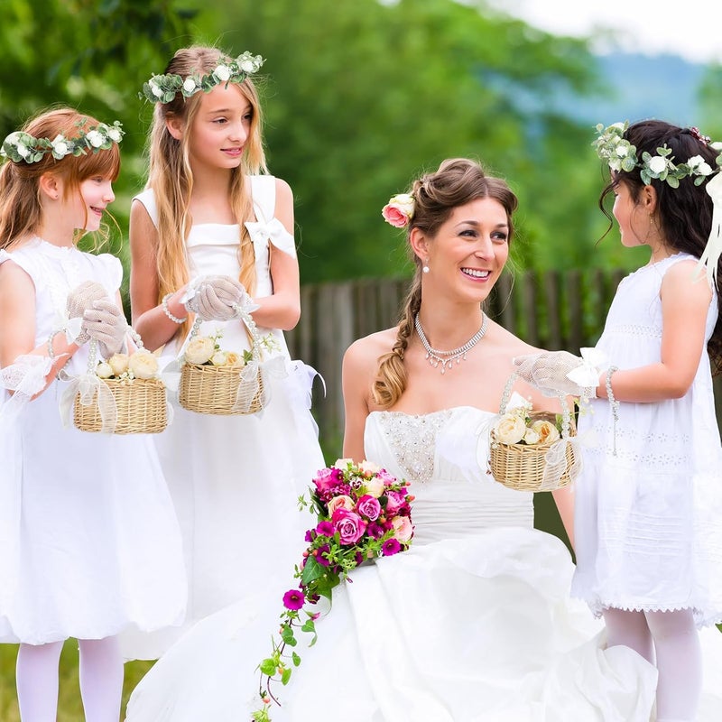 Riceshoot Store 4 Pack Flower Girl Baskets Set Flower Girl Jewelry Wedding Accessories Headband Bracelet Baskets Gloves (Rustic) - Image 2