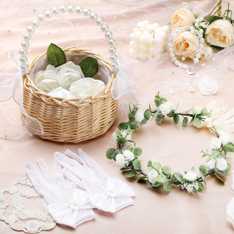 Riceshoot Store 4 Pack Flower Girl Baskets Set Flower Girl Jewelry Wedding Accessories Headband Bracelet Baskets Gloves (Rustic) - Image 5
