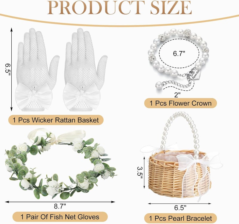 Riceshoot Store 4 Pack Flower Girl Baskets Set Flower Girl Jewelry Wedding Accessories Headband Bracelet Baskets Gloves (Rustic) - Image 3