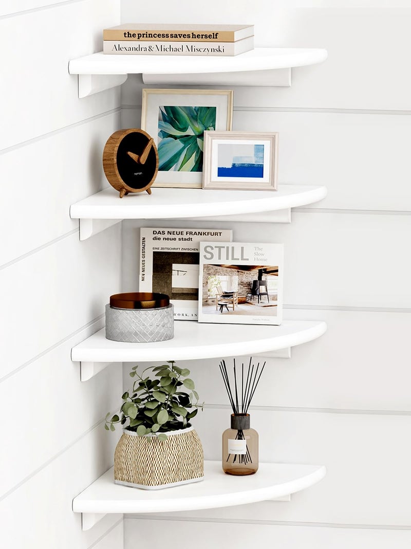Forbena White Corner Floating Shelves for Wall Set of 4 Rounded Corner Shelves Wall Mounted for Kids Bedroom Books Cute Wood Hanging Corner Shelf for Bathroom Decor Living Room Small Spaces