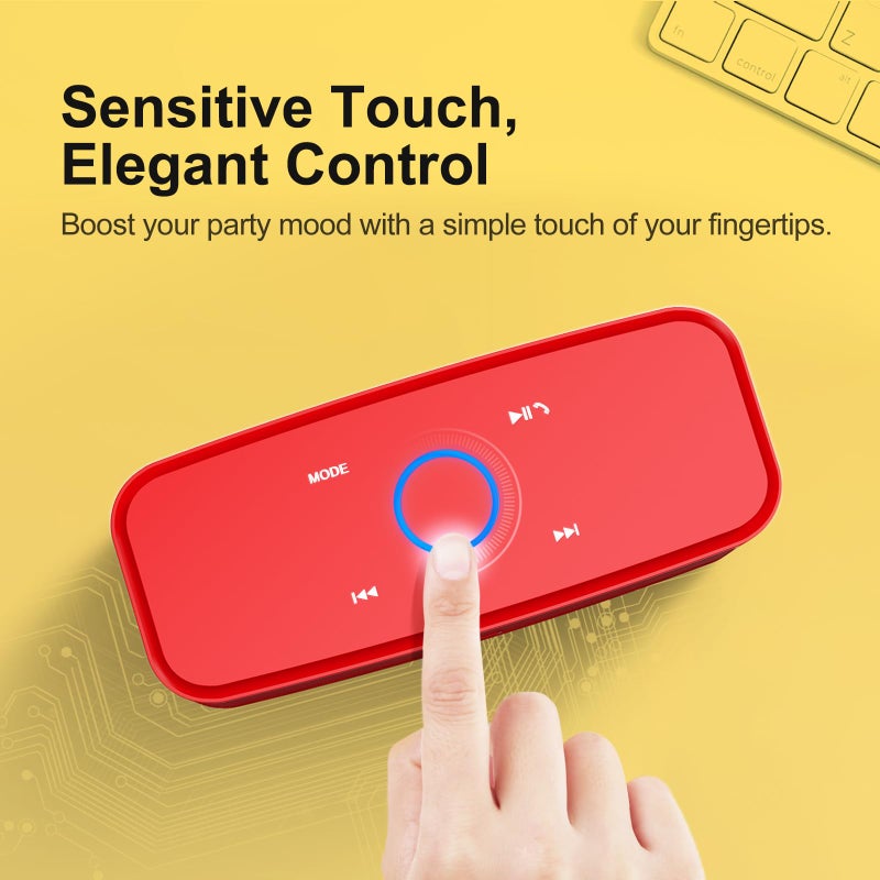 DOSS Bluetooth Speaker, SoundBox Touch Portable Wireless Speaker with 12W HD Sound and Bass, IPX5 Water-Resistant, 20H Playtime, Touch Control, Handsfree, Speaker for Home, Outdoor, Travel-Red - Image 3