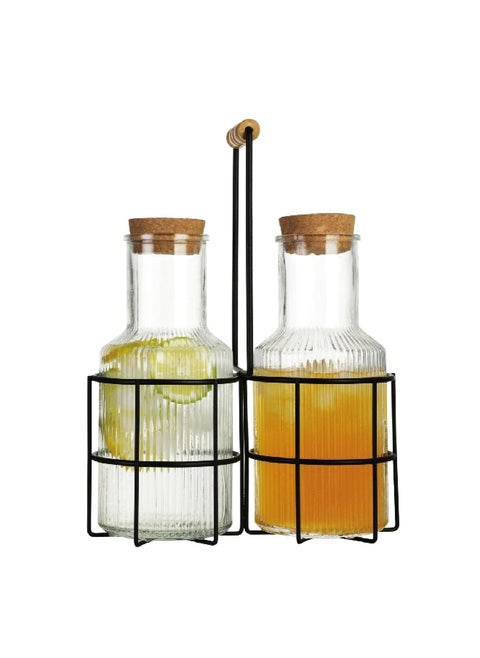 3-Piece Elegant Design Easy Cleaning Glass Beverage Set with Iron Stand Clear and Black 8063