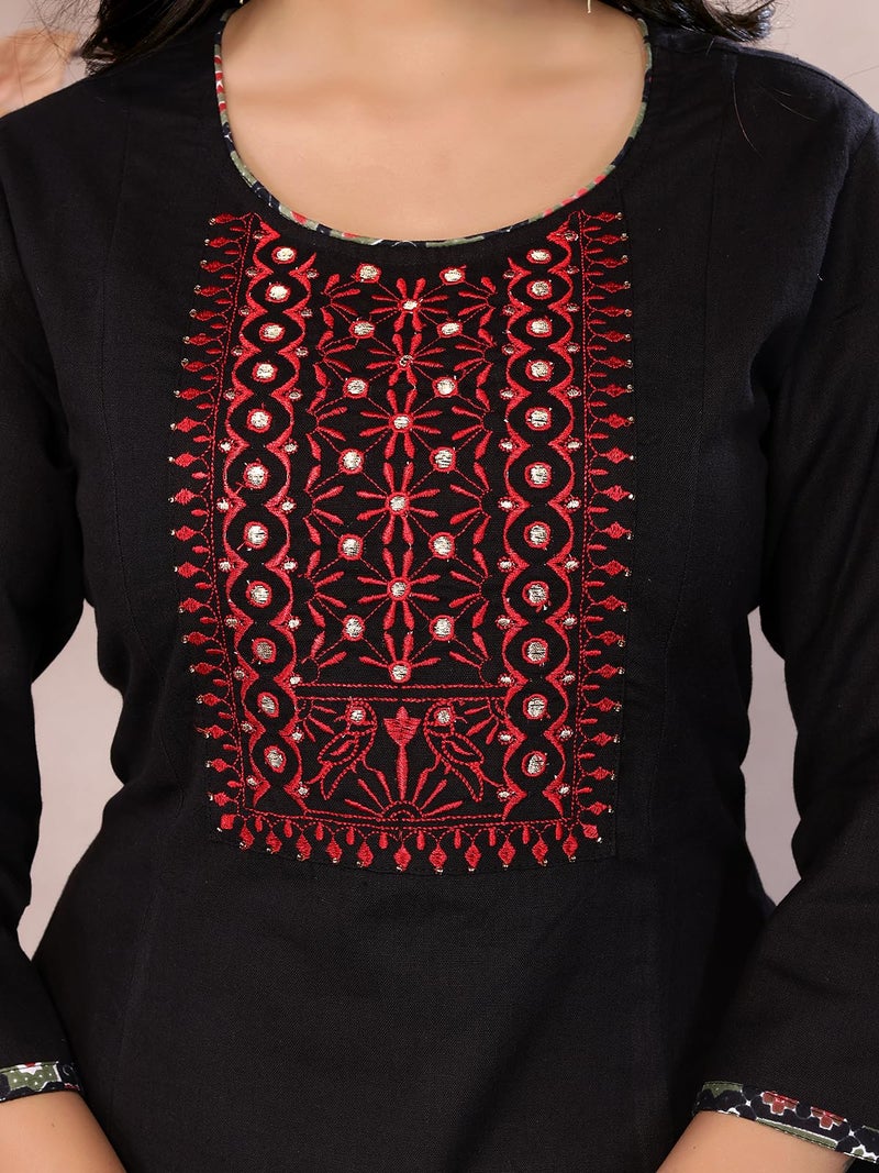 rangita Black Cotton Calf Length Embroidered Flared Kurti | Kurta for Women_L - Image 2
