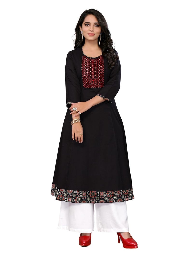 rangita Black Cotton Calf Length Embroidered Flared Kurti | Kurta for Women_L - Image 1