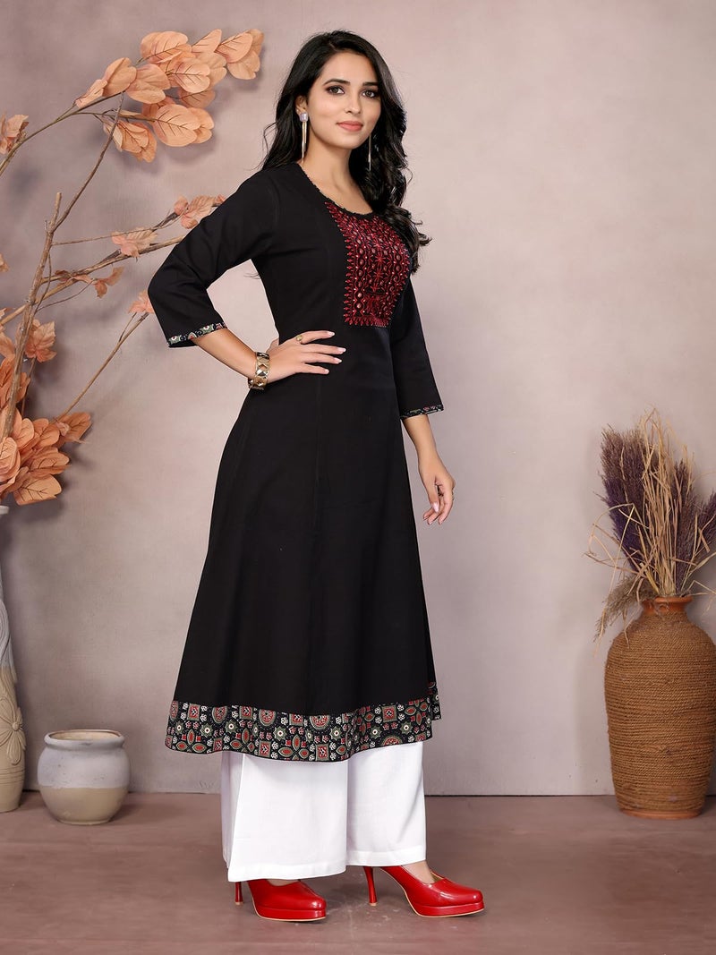 rangita Black Cotton Calf Length Embroidered Flared Kurti | Kurta for Women_L - Image 3