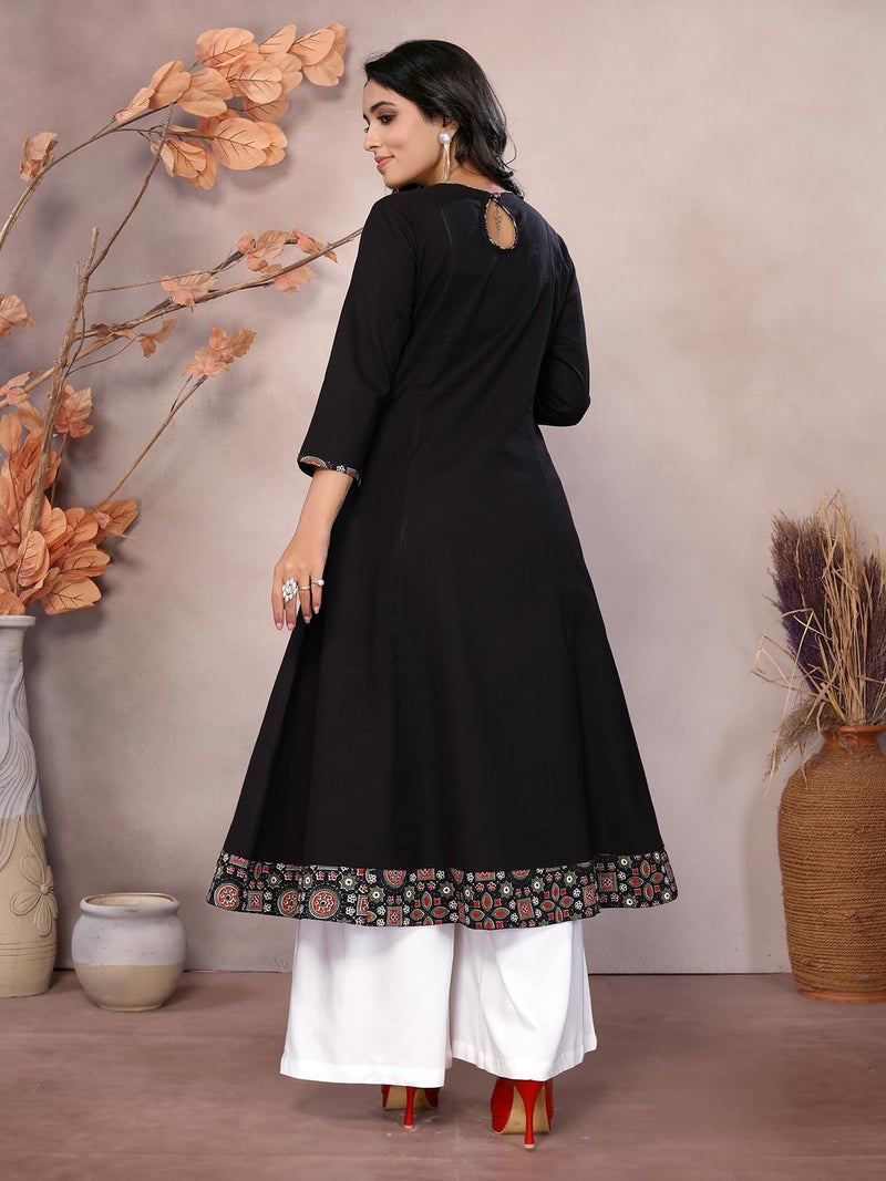 rangita Black Cotton Calf Length Embroidered Flared Kurti | Kurta for Women_L - Image 4