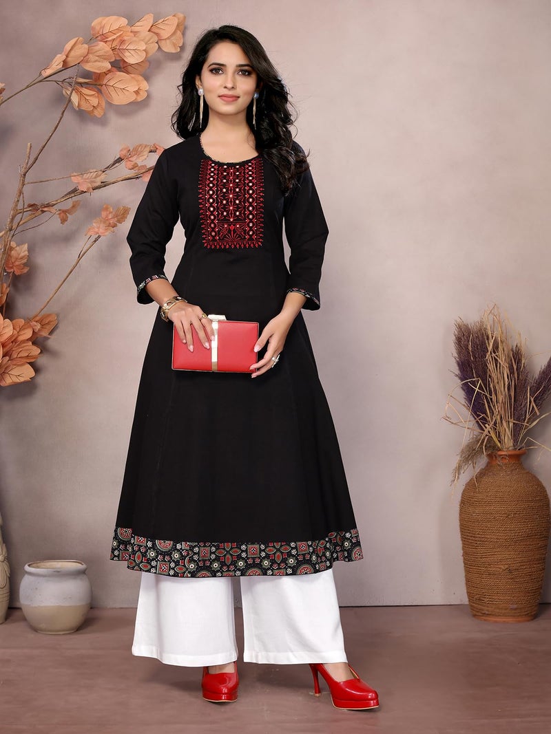 rangita Black Cotton Calf Length Embroidered Flared Kurti | Kurta for Women_L - Image 5