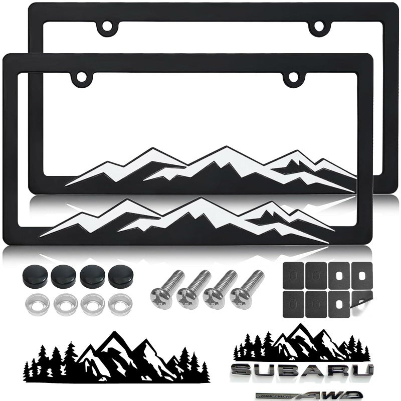 GNSZSN Mountain License Plate Frames 2 Pack Plastic Car Tag Frame with 3D Mountain Design White on Black Included Mountain Vinyl Sticker Screws Caps - Image 3