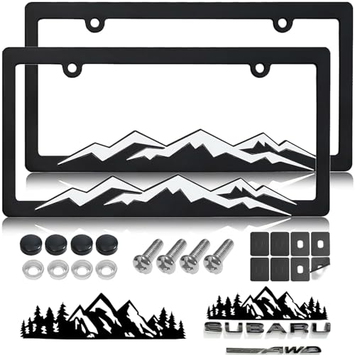 GNSZSN Mountain License Plate Frames 2 Pack Plastic Car Tag Frame with 3D Mountain Design White on Black Included Mountain Vinyl Sticker Screws Caps - Image 1