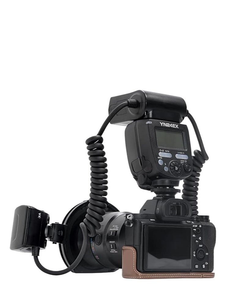 YONGNUO YN24EX S Macro Flash Speedlite for Sony – TTL Macro Flash with Dual Flash Heads, Adapter Rings (49-72mm), 8-Level Output, LED Focus Assist, LCD Display