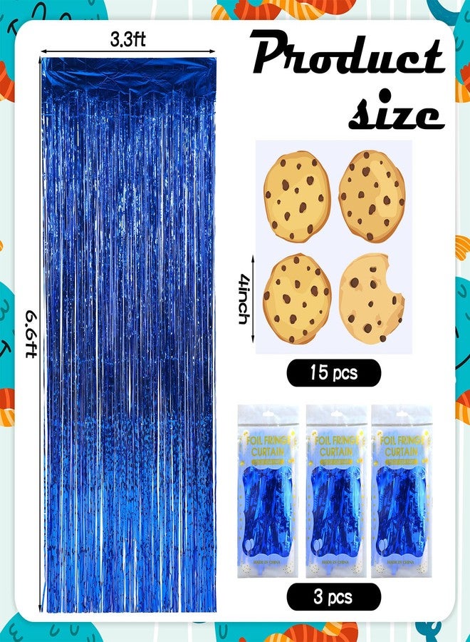 Norme 3 Pcs Cartoon Cookie Theme Party Decorations Blue Metallic Wavy Tinsel Foil Fringe Curtain Backdrop and Cookie Wall Decals Banner for Ocean Birthday Photo Props Celebration Decorations - Image 2