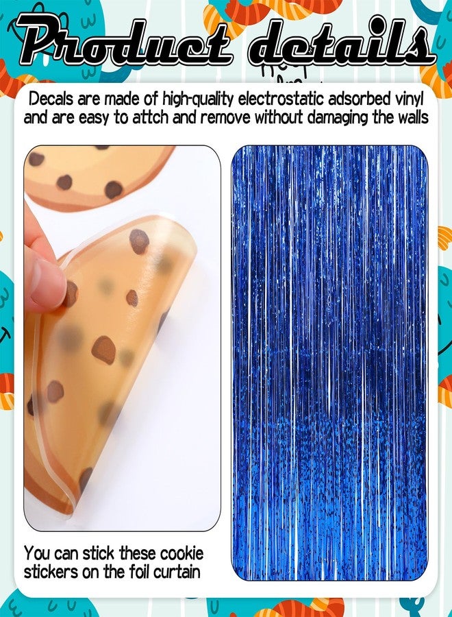 Norme 3 Pcs Cartoon Cookie Theme Party Decorations Blue Metallic Wavy Tinsel Foil Fringe Curtain Backdrop and Cookie Wall Decals Banner for Ocean Birthday Photo Props Celebration Decorations - Image 3