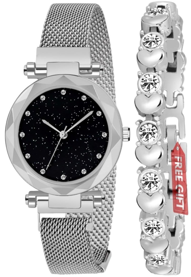 Acnos® Premium 4 Colors Magnet Strap Analogue Women's and Girls Watch Sweet Heart 4 Colors Bracelet Combo for Girl's & Women's Watch (Set of 2) (Silver) - Image 1